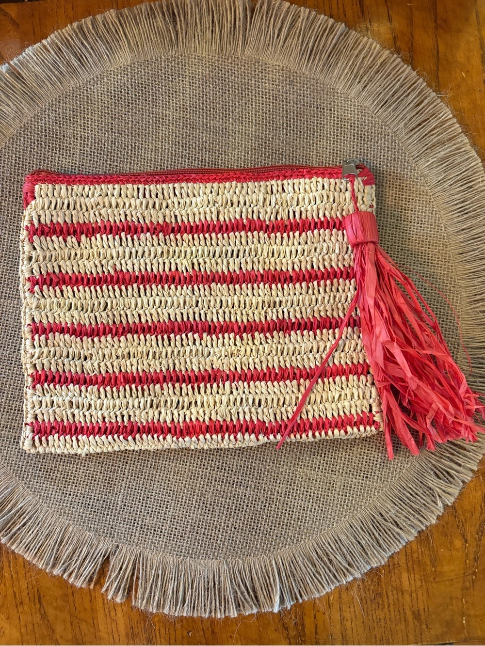 Mar Y Sol Raffia Clutch Pouch Coral Red Natural Striped Handmade Madagascar